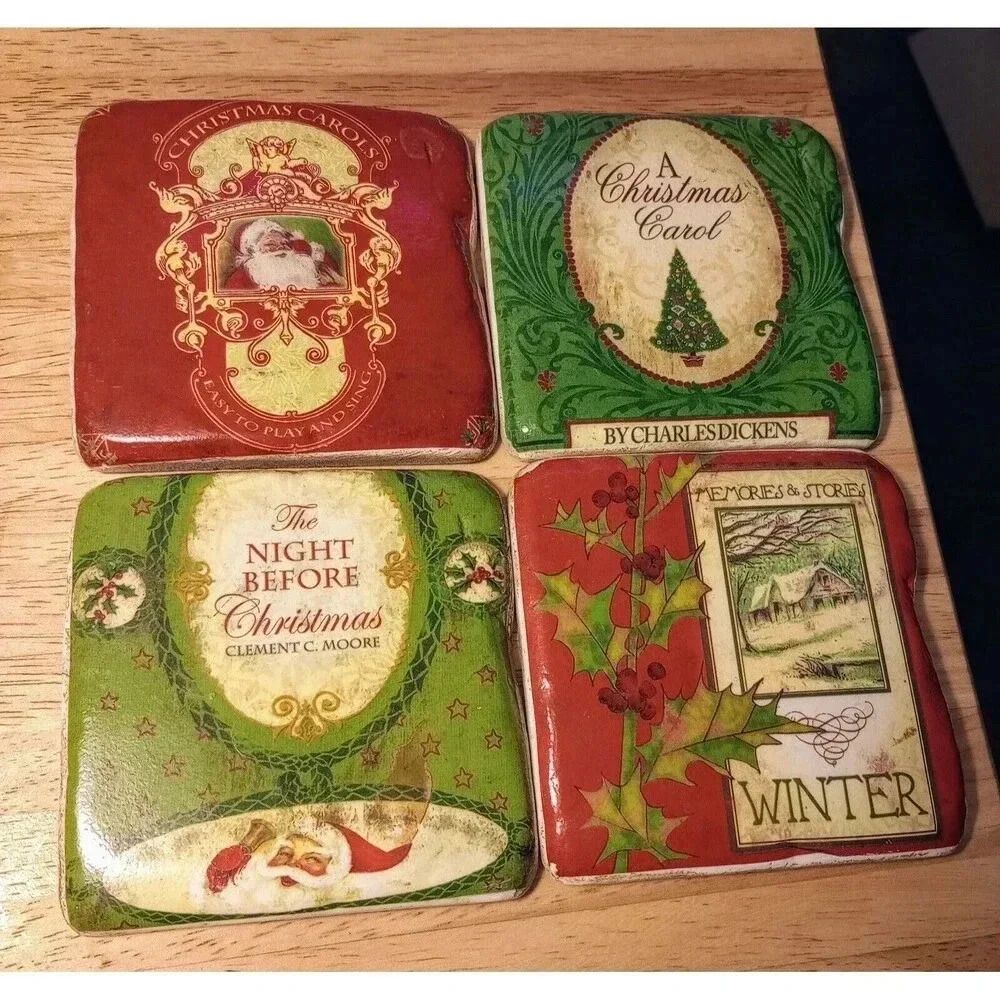 Lori Siebert Coasters Tile/Cork‎ Set of 4 Signed Christmas Dickens Winter